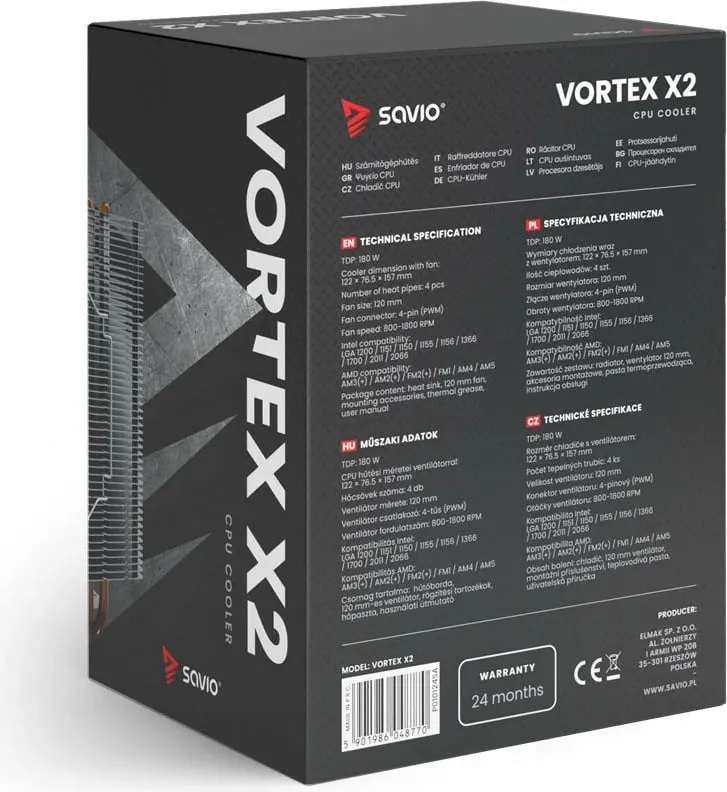 Ftohës CPU Savio VORTEX X2, 120mm, 180W TDP, i zi - 24