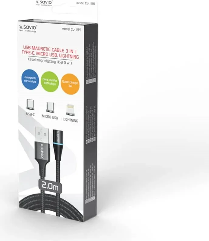 Kabllo Savio, USB A / USB C / Micro-USB A, 1 m, e zezë - 3