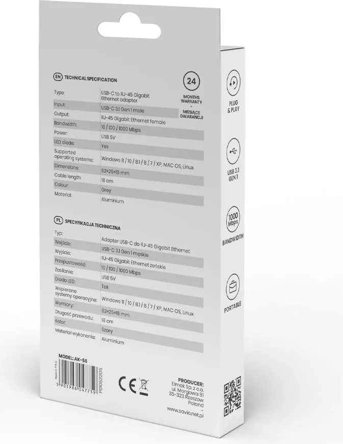 Përshtatës SAVIO USB-C 3.1 Gen.1 (M), 1000 Mbps, AK-56, i hirtë - 2
