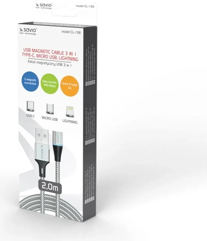 Kabllo USB Savio CL-156, 2m, USB 2.0, USB C/Micro USB/Lightning, Argjendtë - 2