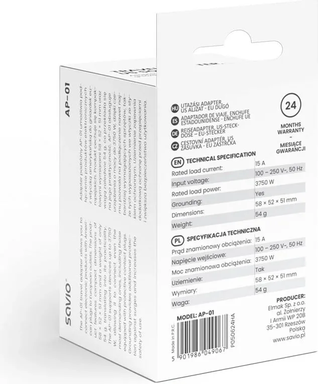 Adapter elektrik SAVIO AP-01, i bardhë - 1