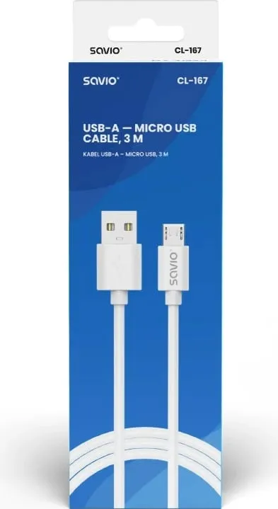 Kabllo Savio, USB A / Micro-USB, 3 m, e bardhë - 2