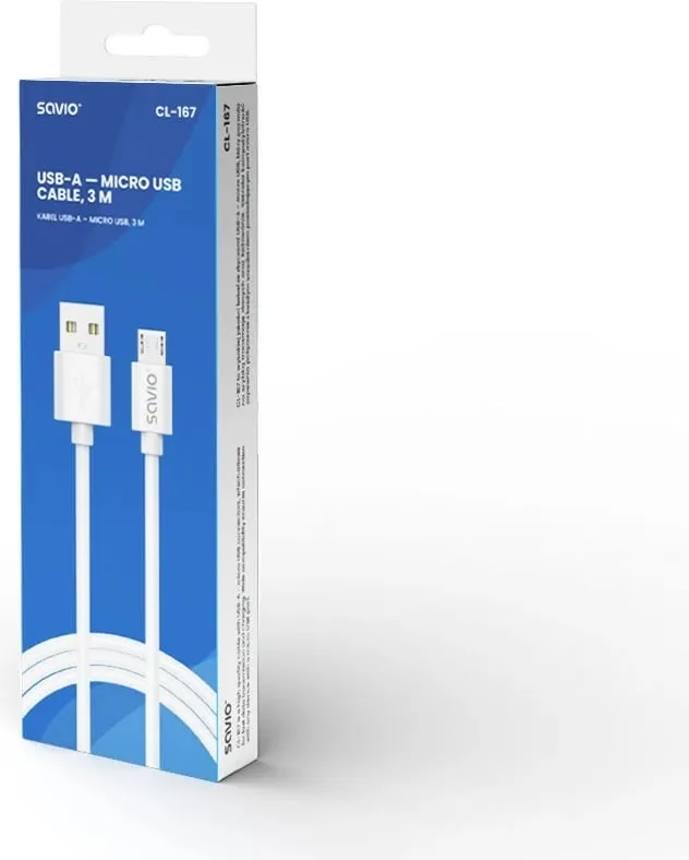 Kabllo Savio, USB A / Micro-USB, 3 m, e bardhë - 3