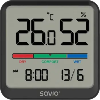 Senzor temperature dhe lagështie Savio CT-01/B, ekran LCD, montim në mur, i zi