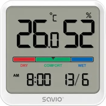 Senzor temperaturë dhe lagështie Savio CT-01/W, ekran LCD, me orë dhe datë, i bardhë