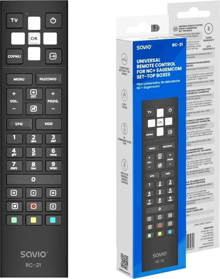 Telekomandë SAVIO RC-21 për TV dhe dekoder, e zezë - 1