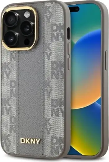 Mbështjellës DKNY Leather Checkered Mono Pattern MagSafe për iPhone 15 Pro, Bezhe