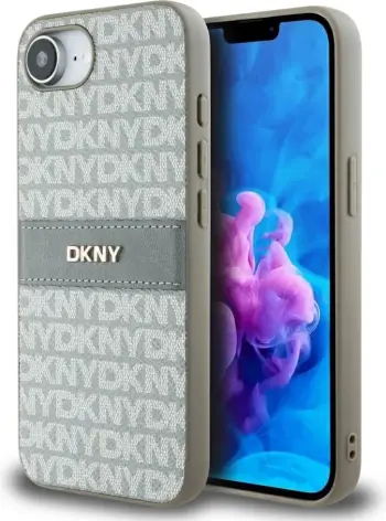 Mbështjellës DKNY Repeat Texture Pattern me shirit dhe logo metalike, për iPhone 16e, Bezhe