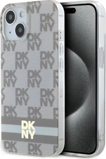 Mbështjellës DKNY IML Checkered Mono Pattern & Printed Stripes MagSafe për iPhone 15/14/13, Bezhe