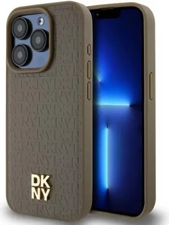 Mbështjellës DKNY Leather Pattern Metal Logo MagSafe për iPhone 14 Pro, kafe