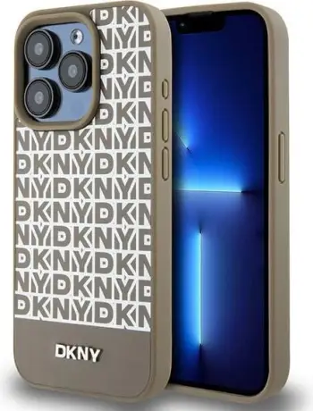 Mbështjellës DKNY Leather Pattern Metal Logo MagSafe për iPhone 15 Pro Max, kafe