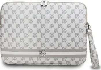 Mbështjellës laptopi DKNY, 16", lëkurë eko, bezhë, me rrip dore