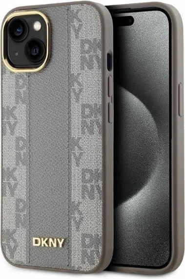 Mbështjellës DKNY Leather Checkered Mono Pattern MagSafe për iPhone 15, Bezhe - 1