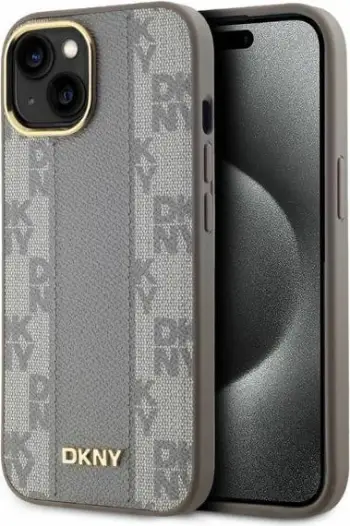 Mbështjellës DKNY Leather Checkered Mono Pattern MagSafe për iPhone 15, Bezhe