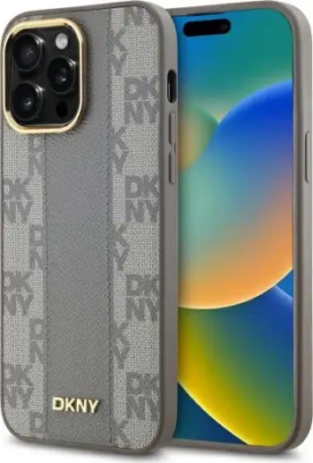 Mbështjellës DKNY Leather Checkered Mono Pattern MagSafe për iPhone 15 Pro Max, Bezhe