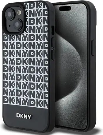 Mbështjellës DKNY Leather Monogram Pattern Metal Logo MagSafe për iPhone 15 Plus / 14 Plus, i zi