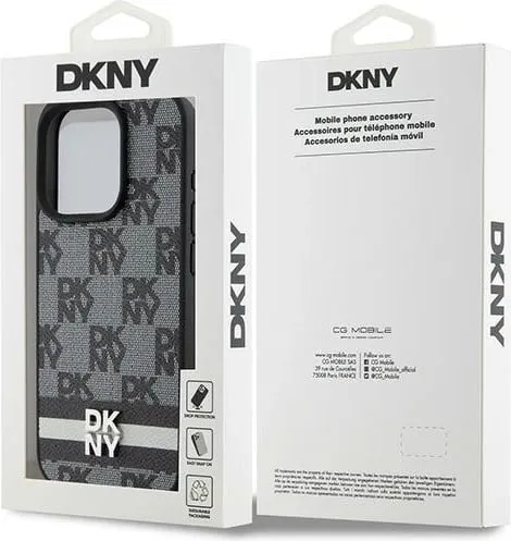 Mbështjellës DKNY Leather Checkered Mono Pattern & Printed Stripes për iPhone 15 Pro Max, e zezë - 2