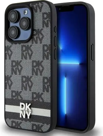 Mbështjellës DKNY Leather Checkered Mono Pattern & Printed Stripes për iPhone 15 Pro Max, e zezë