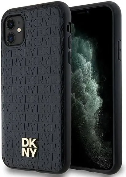 Mbështjellës DKNY Leather Monogram Pattern Metal Logo MagSafe për iPhone 11/XR, i zi - 1