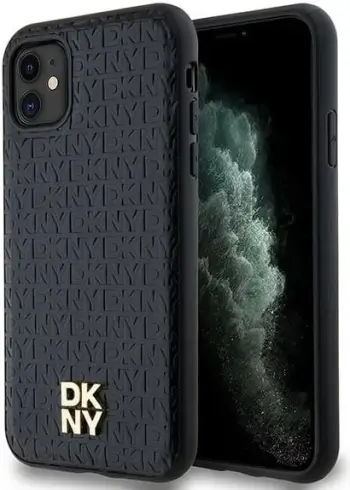 Mbështjellës DKNY Leather Monogram Pattern Metal Logo MagSafe për iPhone 11/XR, i zi