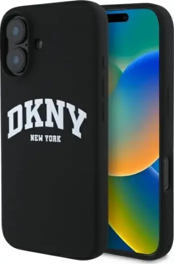 Mbështjellës DKNY Silicone White Printed Logo MagSafe për iPhone 16, i zi