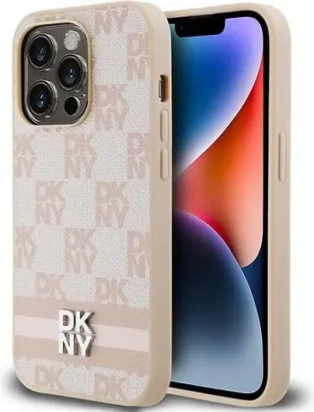Mbështjellës DKNY Checkered Mono Pattern & Printed Stripes për iPhone 14 Pro, rozë
