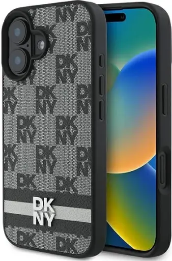 Mbështjellës DKNY Checkered Pattern & Printed Stripes për iPhone 16, i zi