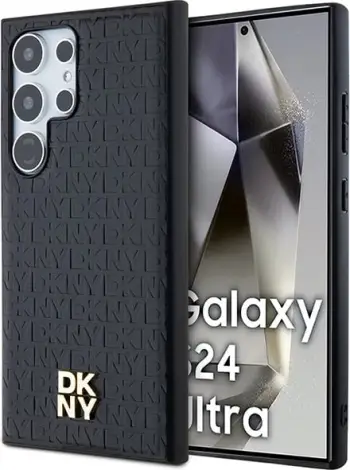 Mbështjellës DKNY Leather Pattern Metal Logo MagSafe për Samsung Galaxy S24 Ultra, zi