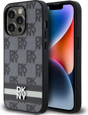 Mbështjellës DKNY Leather Checkered Mono Pattern & Printed Stripes për iPhone 15 Pro, i zi