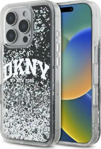 Mbështjellës DKNY DKHCP16LLBNAEK për iPhone 16 Pro 6.3", hardcase, Liquid Glitter Arch Logo, zi