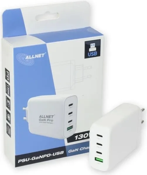 Karikues ALLNET GaN 130W, 1x USB Typ-A QC, 3x USB Typ-C, i bardhë - 1