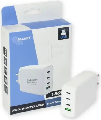 Karikues ALLNET GaN 130W, 1x USB Typ-A QC, 3x USB Typ-C, i bardhë