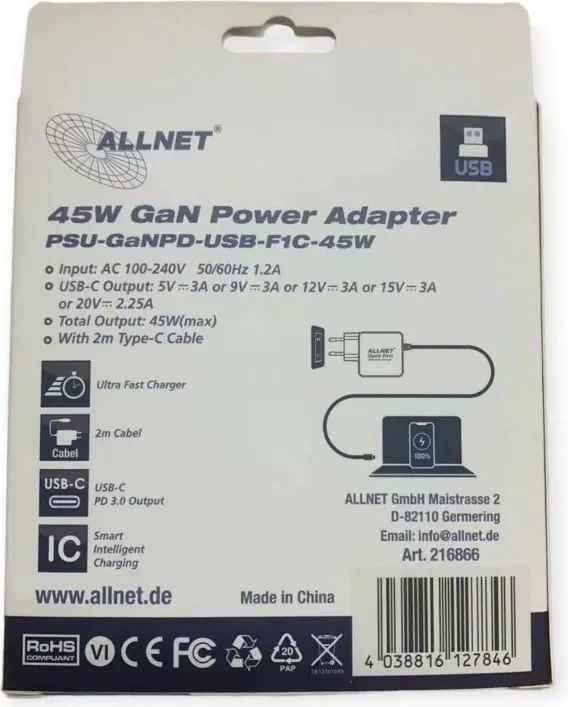Karikues ALLNET 45W USB-C me kabllo 2m, EU plug - 4