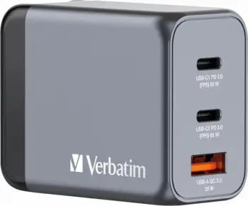 Karikues Verbatim GNC-64 GaN 65W, 2xUSB-C PD, 1xUSB-A QC 3.0, ngjyrë gri