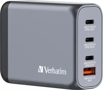 Karikues GaN Verbatim GNC-100, 100W, 3x USB-C PD 100W 65W, 1x USB-A QC 3.0