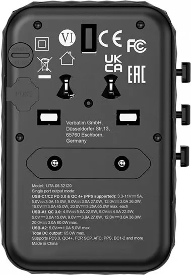 Adapter udhëtimi Verbatim GaN III, universal, 65W, 2x USB C 2x USB A, i zi - 3