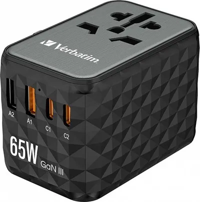 Adapter udhëtimi Verbatim GaN III, universal, 65W, 2x USB C 2x USB A, i zi - 4