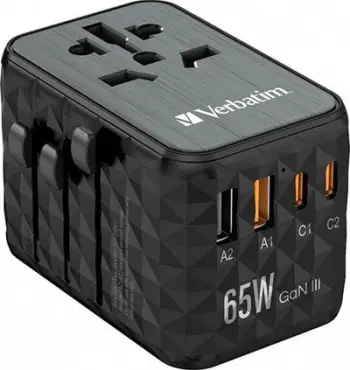 Adapter udhëtimi Verbatim GaN III, universal, 65W, 2x USB C 2x USB A, i zi