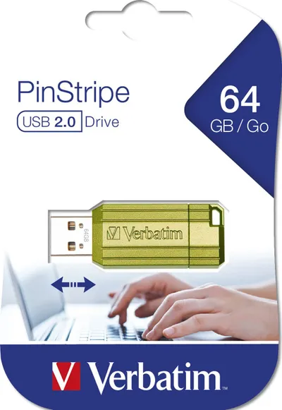 USB Verbatim PinStripe, 64GB, 2.0, jeshile metalike - 1