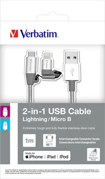 Kabllo USB Verbatim, USB-A - microUSB, Lightning,1 m, e hirtë