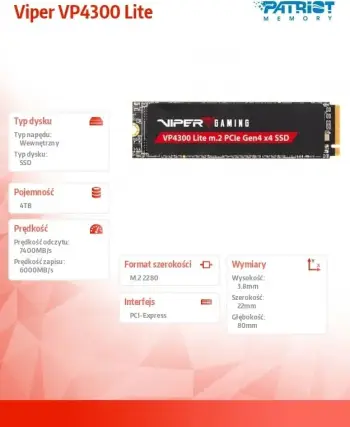 Disk SSD Patriot VP4300 Lite, 4TB, M.2 2280 PCI-E x4 Gen4 NVMe