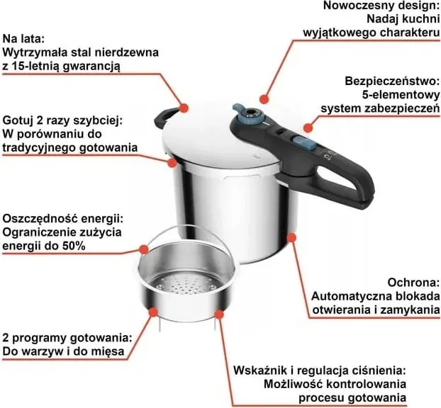 Tenxhere me presion Tefal Secure Trendy, 8L, inoks, me shportë - 3