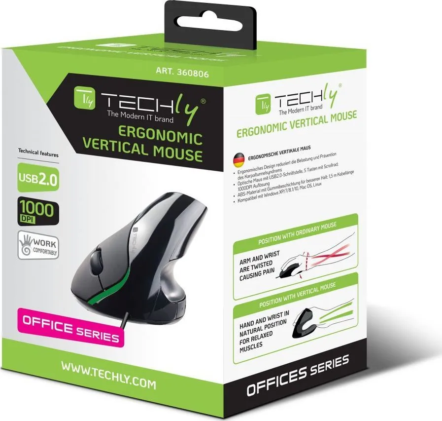 Maus ergonomik Techly, me kabllo, USB, i zi - 3