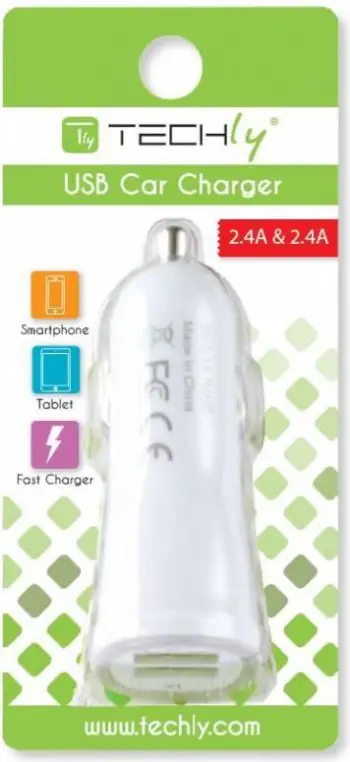 Karikues për makinë Techly, 2x USB 2.4A, i bardhë