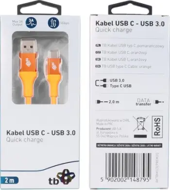 Kabllo USB TB Print USB A në USB C, 2 m, portokalli