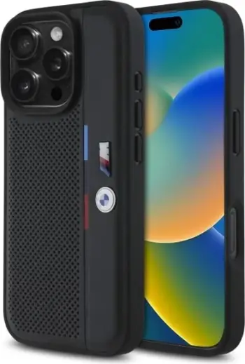 Mbështjellës BMW M për iPhone 16 Pro, Detaje trengjyrëshe, i zi