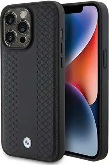 Mbështjellës BMW Leather Diamond Pattern për iPhone 15 Pro Max, i zi