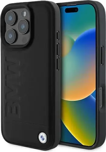Mbështjellës BMW Leather Hot Stamp MagSafe për iPhone 16 Pro, i zi