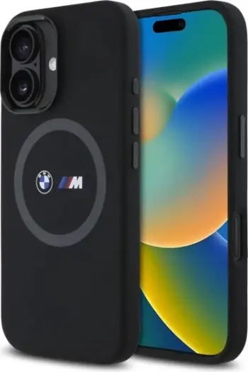 Mbështjellës BMW M për iPhone 16, silikon, MagSafe, i zi