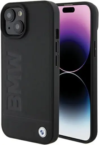 Mbështjellës BMW Leather Hot Stamp për iPhone 15 Plus, e zezë